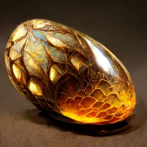 The fascinating and mysterious dragon's egg is wrapped in a hard and protective shell, the color of burnished gold, sprinkled with small shiny scales. One can see a warm and golden light shining faintly through the shell