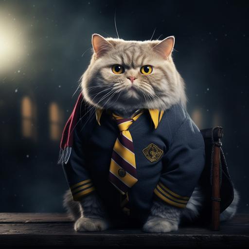 The fat, gray cat wears a magic school uniform like Harry Potter.