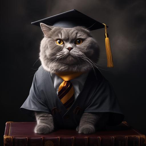 The fat, gray cat wears a magic school uniform like Harry Potter.