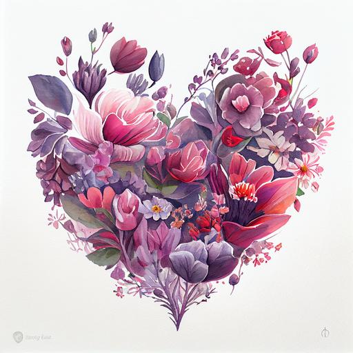 The fine detail watercolor design features a large heart-shaped design on the front, made up of various flowers in shades of pink, red, and purple. The flowers are arranged in a way that creates the illusion of a 3D heart, with some flowers overlapping and others standing out from the rest, White background --v 4 --upbeta --v 4