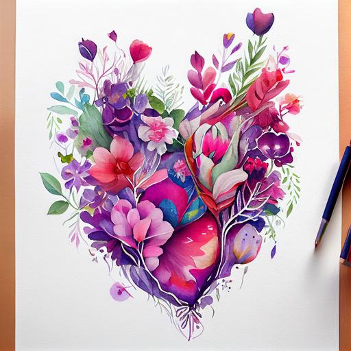 The fine detail watercolor design features a large heart-shaped design on the front, made up of various flowers in shades of pink, red, and purple. The flowers are arranged in a way that creates the illusion of a 3D heart, with some flowers overlapping and others standing out from the rest, White background --v 4 --upbeta --v 4