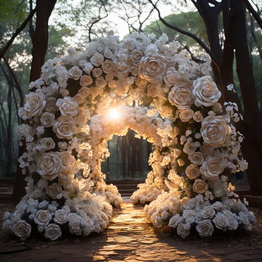 The floral arch for the vow exchange ceremony, in the park, between 2 big trees , little white roses, hyper realistic and dramatic lighting --s 750