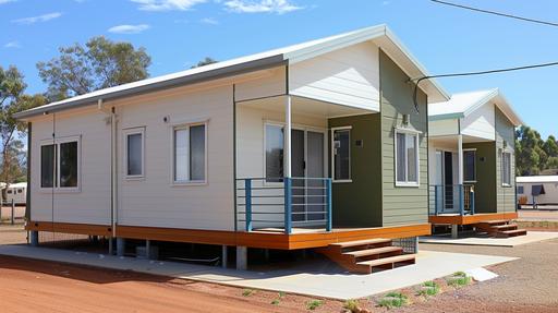 The front of two small white and green mobile homes with very strengthened eaves, light gray roof tiles, brown beige wall panels, wooden porch steps, a double window on the left side of each house, a blue corner gate between both houses, a clean yard, a white concrete floor at the entrance to a foot festival park near massive power line pinnacles in Western Australia. --ar 25:14