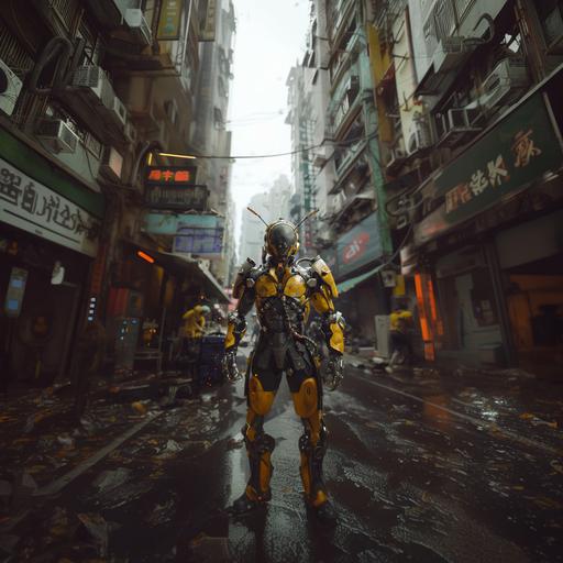 The future, Bee with sting, his fitting humanization, the front shot, Cyberpunk style, meticulously detailed, dirty city background, focused, A full body