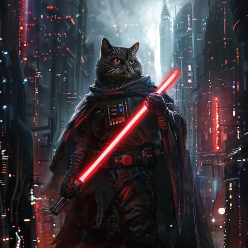 The future Dark Vader, Very Fat Black Cat, his fitting humanization,holding red lightsaber, the front shot, meticulously detailed, futuristic city background, focused, full body shot --v 6.0