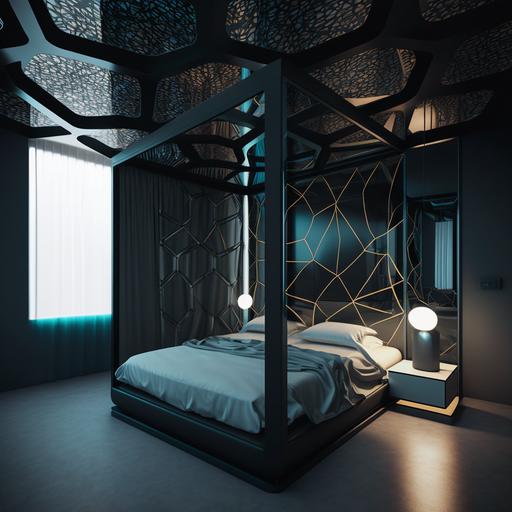 The futuristic room features glass walls that automatically darken to provide privacy. The ceiling is high and covered with light panels that change color and pattern to create a dynamic and futuristic atmosphere. The floor is a shiny black synthetic material that seems to float above the ground. In the center of the room, there is a bed suspended in the air by metal cables. The bed has a minimalist black metal frame and is covered by a sheet of a soft, shiny material. An elevated pillow provides head and neck support. On one wall, there is a transparent glass screen that displays relevant information such as the weather, time and selected mood. Next to the screen is a floating table with an illuminated glass top that changes color and shape. In another corner of the room, there is a minimalist black metal wardrobe with sliding doors that open automatically. The cabinet has modular compartments that light up when you open the doors. Next to the cabinet is a black metal chair with an angular design and a soft cushion. On the wall opposite the bed, there is a hologram projector that creates three-dimensional images in the air. The projector is controlled by a handheld device that lights up with different colored neon lights. The window shades are electronic and open and close automatically. The window itself is made of smart glass that automatically adjusts to control the amount of light that enters the room. Using this description, an image-generating AI could create a detailed visual representation of a futuristic room.