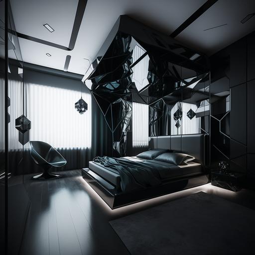The futuristic room features glass walls that automatically darken to provide privacy. The ceiling is high and covered with light panels that change color and pattern to create a dynamic and futuristic atmosphere. The floor is a shiny black synthetic material that seems to float above the ground. In the center of the room, there is a bed suspended in the air by metal cables. The bed has a minimalist black metal frame and is covered by a sheet of a soft, shiny material. An elevated pillow provides head and neck support. On one wall, there is a transparent glass screen that displays relevant information such as the weather, time and selected mood. Next to the screen is a floating table with an illuminated glass top that changes color and shape. In another corner of the room, there is a minimalist black metal wardrobe with sliding doors that open automatically. The cabinet has modular compartments that light up when you open the doors. Next to the cabinet is a black metal chair with an angular design and a soft cushion. On the wall opposite the bed, there is a hologram projector that creates three-dimensional images in the air. The projector is controlled by a handheld device that lights up with different colored neon lights. The window shades are electronic and open and close automatically. The window itself is made of smart glass that automatically adjusts to control the amount of light that enters the room. Using this description, an image-generating AI could create a detailed visual representation of a futuristic room.