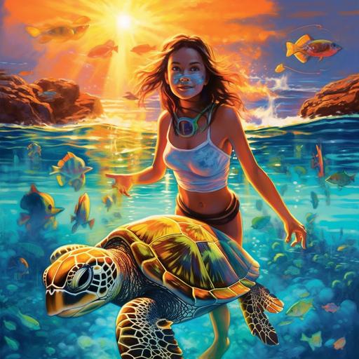 The girl should be depicted wearing a snorkeling gear set, with a bright and colorful swimsuit that compliments the turquoise ocean waters. The turtles should be accurately represented, in realistic sizes, swimming next to the girl in an organic manner. The water should show ripples and movement, as the girl snorkles and interacts with the turtles. The sunset background should also showcase the colors of the sea and the sky, making the image stunning and memorable.
