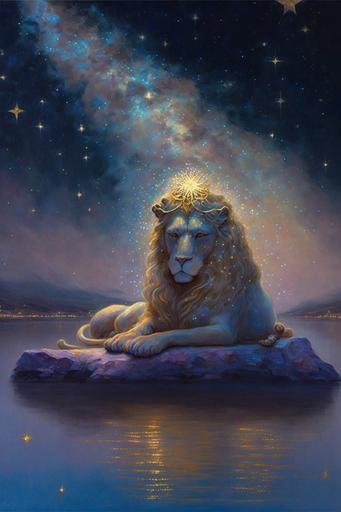 The golden lion king on the lake, sword, in the style of Marc Simonette and gilbert williams and Gaston la touche, starry glittery mist, dream like atmosphere, glittering with blue starlight, --ar 2:3 --q 2 --chaos 60 --v 4