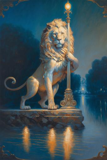 The golden lion king on the lake, sword, in the style of Marc Simonette and gilbert williams and Gaston la touche, starry glittery mist, dream like atmosphere, glittering with blue starlight, --ar 2:3 --q 2 --chaos 60 --v 4