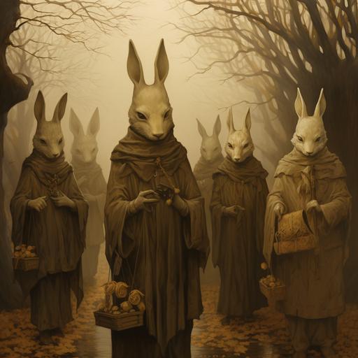 The greatest rabit funeral wrapped in gold leaf, somber foggy morning, beautiful rabits in procession. A mastepiece of naturalism illustration
