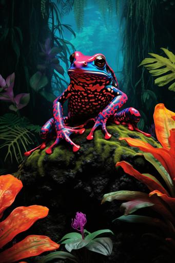 The hirsute hairy hairy poison dart frog, blacklight poster --ar 2:3