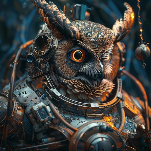 The horned owl is wearing an astronaut helmet, in the style of cyberpunk dystopia, 32k uhd, womancore, bronze and amber, dreamlike settings, gorecore, ivan albright –ar 107:53 –v 5 --v 6.0