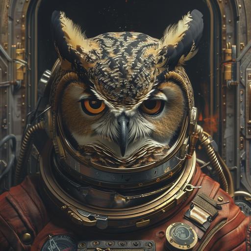 The horned owl is wearing an astronaut helmet, in the style of cyberpunk dystopia, 32k uhd, womancore, bronze and amber, dreamlike settings, gorecore, ivan albright –ar 107:53 –v 5 --v 6.0