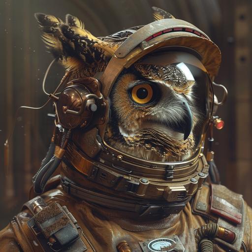 The horned owl is wearing an astronaut helmet, in the style of cyberpunk dystopia, 32k uhd, womancore, bronze and amber, dreamlike settings, gorecore, ivan albright –ar 107:53 –v 5 --v 6.0