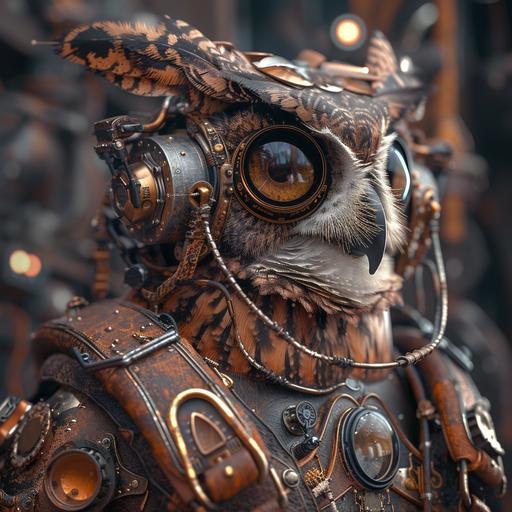 The horned owl is wearing an astronaut helmet, in the style of cyberpunk dystopia, 32k uhd, womancore, bronze and amber, dreamlike settings, gorecore, ivan albright –ar 107:53 –v 5 --v 6.0