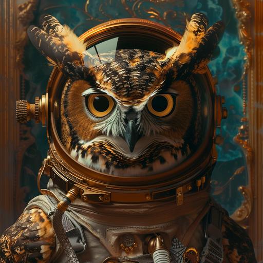 The horned owl is wearing an astronaut helmet, in the style of cyberpunk dystopia, 32k uhd, womancore, bronze and amber, dreamlike settings, gorecore, ivan albright –ar 107:53 –v 5 --v 6.0