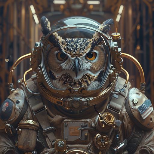 The horned owl is wearing an astronaut helmet, in the style of cyberpunk dystopia, 32k uhd, womancore, bronze and amber, dreamlike settings, gorecore, ivan albright –ar 107:53 –v 5 --v 6.0