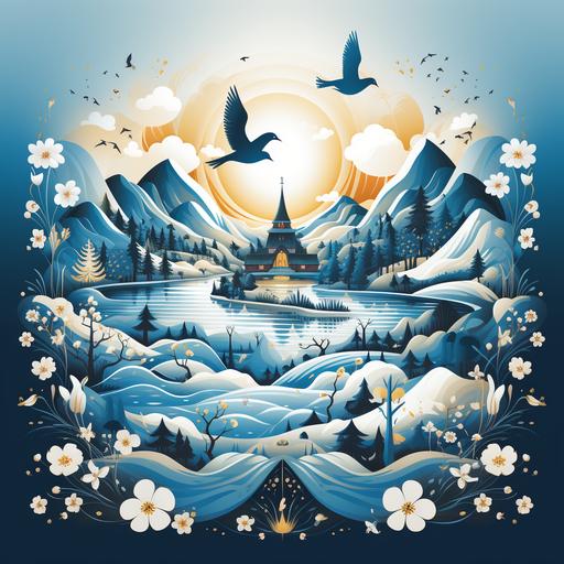 The illustration is an elegant, minimalist homage to the rich culture and history of the Philippines. At its centre, a vivid blue inverted triangle symbolizes the country's strength and stability, surrounded by a pure white field that represents peace. Small golden stars scattered across the white field unite the Philippine provinces in a spirit of resistance and unity. Subtle details in red and blue along the edges evoke courage and peace, complementing the flag's colors. This beautiful, clean and minimalist illustration captures the essence of Filipino culture in a contemporary and modern way. --s 750