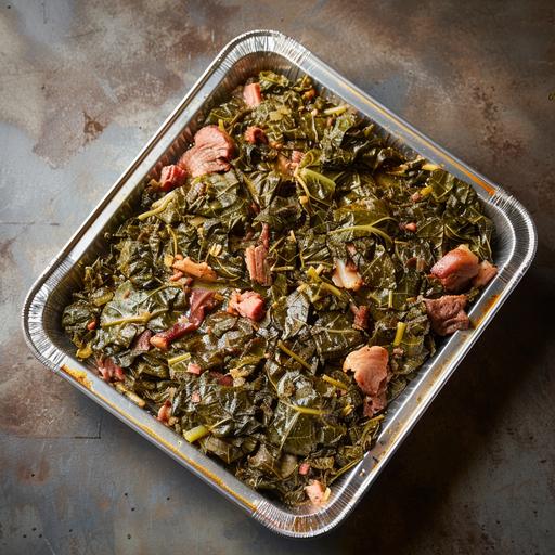 The image displays a large, aluminum catering tray filled with cooked collard greens. The greens appear tender and are cooked down, taking on a deep, olive green hue that is typical of leafy vegetables when they are braised or stewed for a period. Interspersed among the collard greens, there are bits of what seems to be pulled pork or another type of meat, adding a hearty element to the dish. The meat has a shredded texture and a pinkish-brown color that contrasts with the greens, suggesting it has been cooked to be tender and flavorful. The tray sits on a two-toned surface that transitions from a lighter, concrete-like texture in the foreground to a dark, shadowy backdrop, focusing the viewer's attention on the glistening greens in the pan. The overall appearance is rustic and appetizing, indicative of a dish that would be both nourishing and satisfying.