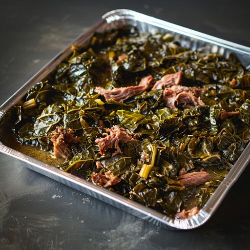 The image displays a large, aluminum catering tray filled with cooked collard greens. The greens appear tender and are cooked down, taking on a deep, olive green hue that is typical of leafy vegetables when they are braised or stewed for a period. Interspersed among the collard greens, there are bits of what seems to be pulled pork or another type of meat, adding a hearty element to the dish. The meat has a shredded texture and a pinkish-brown color that contrasts with the greens, suggesting it has been cooked to be tender and flavorful. The tray sits on a two-toned surface that transitions from a lighter, concrete-like texture in the foreground to a dark, shadowy backdrop, focusing the viewer's attention on the glistening greens in the pan. The overall appearance is rustic and appetizing, indicative of a dish that would be both nourishing and satisfying.