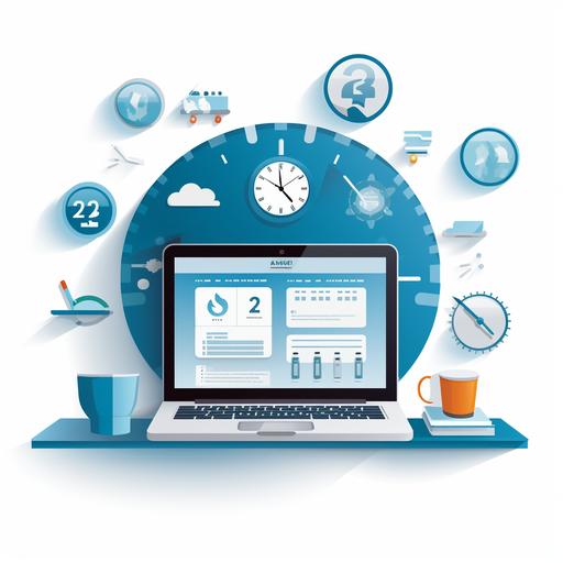 The image features a minimalist illustration that conveys the concept of round-the-clock service. At the center, there is a simple, flat-design desk with a laptop open on top of it, suggesting a workspace. Above the laptop, a clock face with the text 
