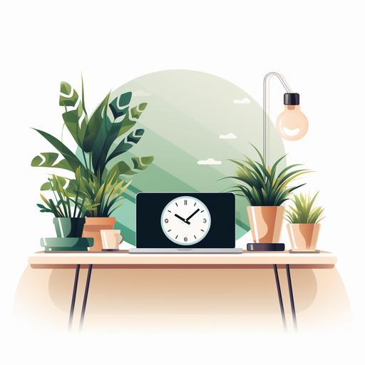 The image features a minimalist illustration that conveys the concept of round-the-clock service. At the center, there is a simple, flat-design desk with a laptop open on top of it, suggesting a workspace. To the right of the desk, there's a potted plant, adding a touch of greenery and life to the scene. Above the laptop, a clock face with the text 