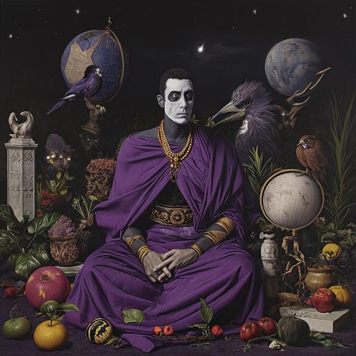 The image portrays a surrealistic and richly detailed scene with a central figure in a royal purple toga, adorned with gold trim and detailed clasps, giving them a regal appearance. This figure has a serene expression and wears black and white face paint, adding to the enigmatic quality of the portrait. They are seated, with hands clasped in front, against a backdrop teeming with a strange assortment of creatures and objects. The surrounding elements are eclectic and fantastical, including birds with unusual characteristics, such as multiple eyes or exaggerated features, and some wearing small accessories. A prominent, large bird head with sharp teeth and a surreal, large eye appears to the right of the figure. Among the creatures, there are also whimsical objects like an ancient hourglass, globes, a knight's helmet, and a variety of fruits. The atmosphere is one of a mystical night, with stars dotting the dark sky in the background, adding to the overall dreamlike and mysterious feel of the image. Plants and gravestones are scattered throughout the scene, further contributing to the sense of an otherworldly tableau. The use of shadows and lighting enhances the depth and texture, making each element appear tactile and thoughtfully placed within this phantasmagorical gathering --v 6.0