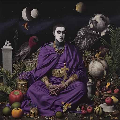 The image portrays a surrealistic and richly detailed scene with a central figure in a royal purple toga, adorned with gold trim and detailed clasps, giving them a regal appearance. This figure has a serene expression and wears black and white face paint, adding to the enigmatic quality of the portrait. They are seated, with hands clasped in front, against a backdrop teeming with a strange assortment of creatures and objects. The surrounding elements are eclectic and fantastical, including birds with unusual characteristics, such as multiple eyes or exaggerated features, and some wearing small accessories. A prominent, large bird head with sharp teeth and a surreal, large eye appears to the right of the figure. Among the creatures, there are also whimsical objects like an ancient hourglass, globes, a knight's helmet, and a variety of fruits. The atmosphere is one of a mystical night, with stars dotting the dark sky in the background, adding to the overall dreamlike and mysterious feel of the image. Plants and gravestones are scattered throughout the scene, further contributing to the sense of an otherworldly tableau. The use of shadows and lighting enhances the depth and texture, making each element appear tactile and thoughtfully placed within this phantasmagorical gathering --v 6.0