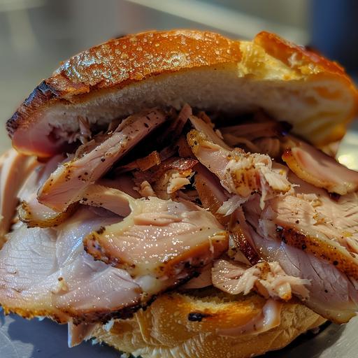 The image presents an appetizing sandwich with a heaping, high pile of smoked turkey. The turkey is cut into thickn succulent, thick slices, and the outer edges have a slight darkened tint, hinting at a rich smokiness from a slow smoking process. The meat's texture looks tender and juicy, with the smoky flavor likely penetrating deep into each slice. Served within a soft, golden bun that seems freshly baked, the sandwich appears to have a satisfying contrast between the filling and the delicate bread. Set against a gray backdrop, the sandwich is the focal point, inviting a visual and sensory anticipation of a flavorful experience.