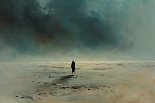 The image should depict a vast, barren landscape, conveying a sense of desolation and emptiness. The ground is a smooth, chalcedony-like surface, with subtle iridescent hues reflecting a sky that feels vast yet oppressive. In the center of this landscape stands a lone figure, small and isolated, symbolizing a sense of loneliness and disconnection from the world. The figure's posture and demeanor should suggest introspection and a deep sense of longing or loss. The overall atmosphere of the scene is one of eerie beauty and profound solitude, capturing the essence of a world that feels both unreal and devoid of life. The color palette should be dominated by cool, muted tones, with occasional hints of color to represent fleeting moments of beauty in an otherwise empty world, in style of Junji Ito, in style of Zdzislaw Beksinski, in style of HR Giger, in style of pure --ar 3:2 --v 6.0