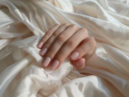 The image shows a hand with neutral nails in pink polish on a white fabric. The nails are round in shape and finished with a glossy topcoat. The skin is translucent white. The hands appear to be well cared for, giving the impression of cleanliness and elegance. --stylize 250 --v 6.0 --ar 4:3