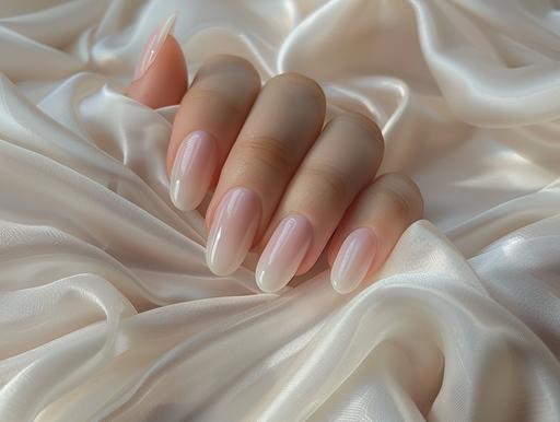 The image shows a hand with neutral nails in pink polish on a white fabric. The nails are round in shape and finished with a glossy topcoat. The skin is translucent white. The hands appear to be well cared for, giving the impression of cleanliness and elegance. --stylize 250 --v 6.0 --ar 4:3