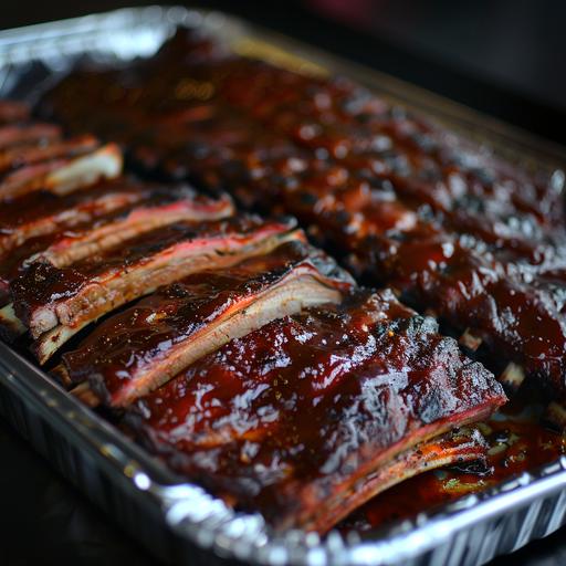 The image shows a tray of barbecued ribs. The ribs appear to be well-cooked with a rich, dark, caramelized surface suggesting they may have been either smoked or slow-cooked to achieve a tender texture. The glaze on the meat is glossy, indicating a possible application of a barbecue sauce or marinade, which could also contribute to a sweet, savory, and possibly smoky flavor. The ribs are cut into individual portions, displaying the pink meat near the bone, which is a sign of proper cooking - possibly indicating the presence of a smoke ring, a prized trait in smoked meats. The tray appears to be aluminum, which is practical for both cooking and serving. This type of preparation is popular in American cuisine, especially within the Southern barbecue tradition. ​ hyperealistic 4k, v5