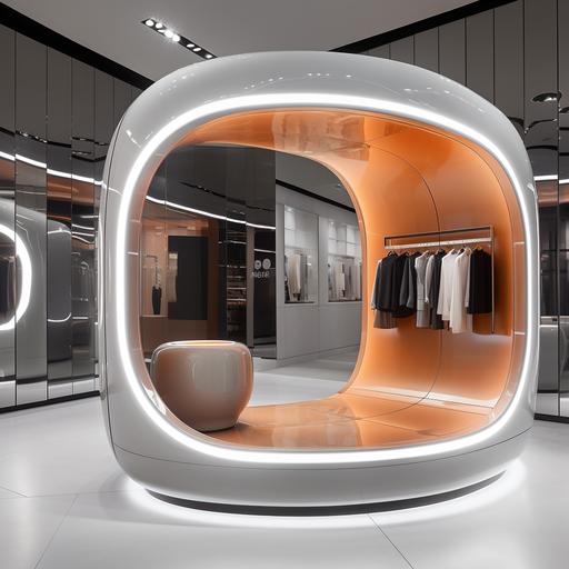 The image unfolds in a sleek, modern boutique - the interior has clean lines, a monochromatic color palette, and is bathed in soft, natural light. In the center of the space stands the Human 3D body scanner - a slightly futuristic-looking glass booth fitted with discreet sensors and a touch-screen control panel on the outside. A customer is inside the 3D body scanner booth. She is visible through the translucent glass, standing still as gentle, luminous waves of light wash over her, illustrating the scanning process. She looks relaxed and intrigued by the technology. The scanning light's eco-green hue subtly symbolizes the solution's sustainability aspect. Outside the booth stands a transparent tablet that displays a rotating 3D model of the customer. This hints at the highly personalized and detailed results produced by the 3D body scanner. In the background, other customers are engaging with various digital interfaces around the store on interactive screens. The overall ambiance is one of futuristic sophistication and commitment to sustainability, hinting at how technology like the Human 3D body scanner can revolutionize fashion retail and consumption, making it more personalized, efficient, and kinder to our planet.