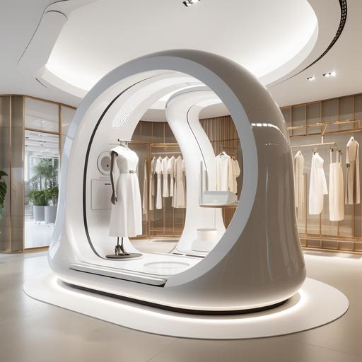 The image unfolds in a sleek, modern boutique - the interior has clean lines, a monochromatic color palette, and is bathed in soft, natural light. In the center of the space stands the Human 3D body scanner - a slightly futuristic-looking glass booth fitted with discreet sensors and a touch-screen control panel on the outside. A customer is inside the 3D body scanner booth. She is visible through the translucent glass, standing still as gentle, luminous waves of light wash over her, illustrating the scanning process. She looks relaxed and intrigued by the technology. The scanning light's eco-green hue subtly symbolizes the solution's sustainability aspect. Outside the booth, a fashion advisor stands by, monitoring the scanning process on a sleek, transparent tablet that displays a rotating 3D model of the customer. This hints at the highly personalized and detailed results produced by the 3D body scanner. In the background, other customers are engaging with various digital interfaces around the store - browsing clothing styles, comparing fits, and reading about the brands' sustainability practices on large, interactive screens. A few wall posters underline the sustainability aspect even more – phrases like 