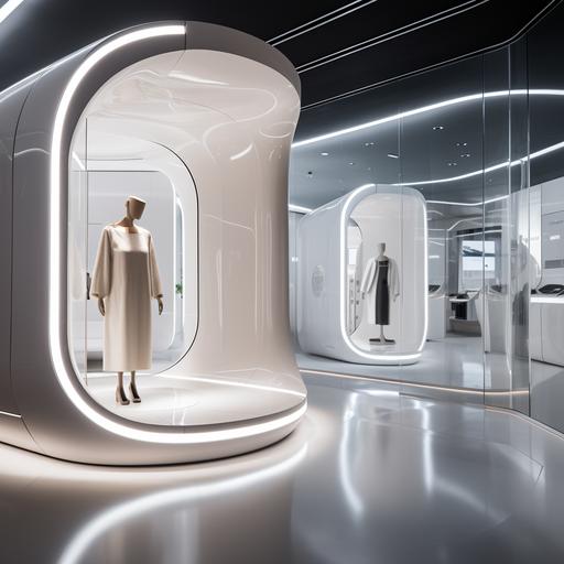 The image unfolds in a sleek, modern boutique - the interior has clean lines, a monochromatic color palette, and is bathed in soft, natural light. In the center of the space stands the Human 3D body scanner - a slightly futuristic-looking glass booth fitted with discreet sensors and a touch-screen control panel on the outside. A customer is inside the 3D body scanner booth. She is visible through the translucent glass, standing still as gentle, luminous waves of light wash over her, illustrating the scanning process. She looks relaxed and intrigued by the technology. The scanning light's eco-green hue subtly symbolizes the solution's sustainability aspect. Outside the booth stands a transparent tablet that displays a rotating 3D model of the customer. This hints at the highly personalized and detailed results produced by the 3D body scanner. In the background, other customers are engaging with various digital interfaces around the store on interactive screens. The overall ambiance is one of futuristic sophistication and commitment to sustainability, hinting at how technology like the Human 3D body scanner can revolutionize fashion retail and consumption, making it more personalized, efficient, and kinder to our planet.