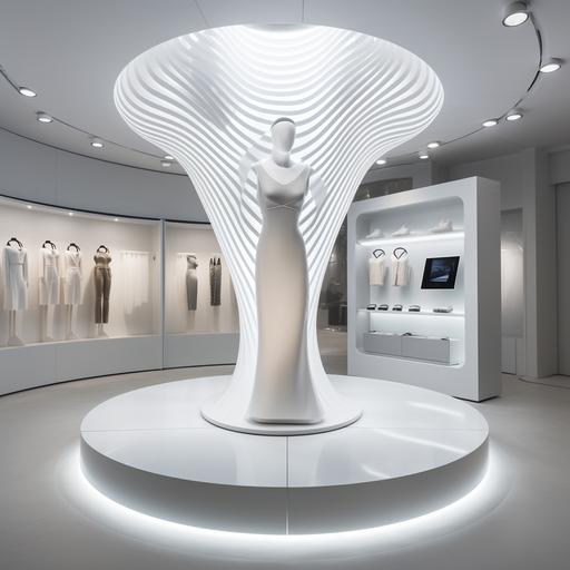 The image unfolds in a sleek, modern boutique - the interior has clean lines, a monochromatic color palette, and is bathed in soft, natural light. In the center of the space stands the Human 3D body scanner - a slightly futuristic-looking glass booth fitted with discreet sensors and a touch-screen control panel on the outside. A customer is inside the 3D body scanner booth. She is visible through the translucent glass, standing still as gentle, luminous waves of light wash over her, illustrating the scanning process. She looks relaxed and intrigued by the technology. The scanning light's eco-green hue subtly symbolizes the solution's sustainability aspect. Outside the booth, a fashion advisor stands by, monitoring the scanning process on a sleek, transparent tablet that displays a rotating 3D model of the customer. This hints at the highly personalized and detailed results produced by the 3D body scanner. In the background, other customers are engaging with various digital interfaces around the store - browsing clothing styles, comparing fits, and reading about the brands' sustainability practices on large, interactive screens. A few wall posters underline the sustainability aspect even more – phrases like 