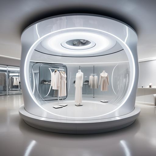 The image unfolds in a sleek, modern boutique - the interior has clean lines, a monochromatic color palette, and is bathed in soft, natural light. In the center of the space stands the Human 3D body scanner - a slightly futuristic-looking glass booth fitted with discreet sensors and a touch-screen control panel on the outside. A customer is inside the 3D body scanner booth. She is visible through the translucent glass, standing still as gentle, luminous waves of light wash over her, illustrating the scanning process. She looks relaxed and intrigued by the technology. The scanning light's eco-green hue subtly symbolizes the solution's sustainability aspect. Outside the booth stands a transparent tablet that displays a rotating 3D model of the customer. This hints at the highly personalized and detailed results produced by the 3D body scanner. In the background, other customers are engaging with various digital interfaces around the store on interactive screens. The overall ambiance is one of futuristic sophistication and commitment to sustainability, hinting at how technology like the Human 3D body scanner can revolutionize fashion retail and consumption, making it more personalized, efficient, and kinder to our planet.