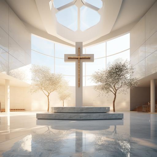 The inside of a modern church with a cross in the center, warm enviroment, white walls, realisitc, 4k