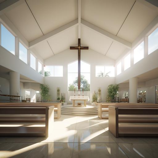 The inside of a modern church with a cross in the center, benches, warm enviroment, white walls, realisitc, 4k