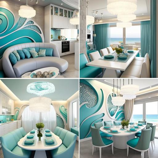 The interior design of the villa in the style of sea waves features a calming color scheme reminiscent of the ocean, with shades of blue and green dominating the space. The use of frosted glass adds a sense of privacy and serenity, while frosted chandeliers provide a soft, diffused light that enhances the overall ambiance. The furniture is chosen to complement the theme, with curved lines and organic shapes reminiscent of waves. Other decorative elements include seashell accents, textured wallpaper, and artwork featuring ocean scenes. sea waves, frosted glass, frosted chandeliers, calming color scheme, shades of blue and green, privacy, serenity, organic shapes, seashell accents, textured wallpaper, ocean scenes.--v5