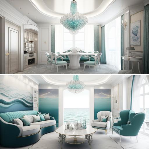 The interior design of the villa in the style of sea waves features a calming color scheme reminiscent of the ocean, with shades of blue and green dominating the space. The use of frosted glass adds a sense of privacy and serenity, while frosted chandeliers provide a soft, diffused light that enhances the overall ambiance. The furniture is chosen to complement the theme, with curved lines and organic shapes reminiscent of waves. Other decorative elements include seashell accents, textured wallpaper, and artwork featuring ocean scenes. sea waves, frosted glass, frosted chandeliers, calming color scheme, shades of blue and green, privacy, serenity, organic shapes, seashell accents, textured wallpaper, ocean scenes.--v5