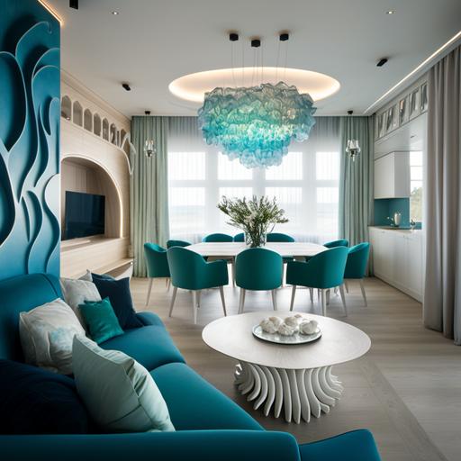 The interior design of the villa in the style of sea waves features a calming color scheme reminiscent of the ocean, with shades of blue and green dominating the space. The use of frosted glass adds a sense of privacy and serenity, while frosted chandeliers provide a soft, diffused light that enhances the overall ambiance. The furniture is chosen to complement the theme, with curved lines and organic shapes reminiscent of waves. Other decorative elements include seashell accents, textured wallpaper, and artwork featuring ocean scenes. sea waves, frosted glass, frosted chandeliers, calming color scheme, shades of blue and green, privacy, serenity, organic shapes, seashell accents, textured wallpaper, ocean scenes.--v5