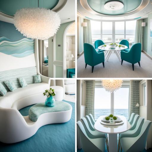 The interior design of the villa in the style of sea waves features a calming color scheme reminiscent of the ocean, with shades of blue and green dominating the space. The use of frosted glass adds a sense of privacy and serenity, while frosted chandeliers provide a soft, diffused light that enhances the overall ambiance. The furniture is chosen to complement the theme, with curved lines and organic shapes reminiscent of waves. Other decorative elements include seashell accents, textured wallpaper, and artwork featuring ocean scenes. sea waves, frosted glass, frosted chandeliers, calming color scheme, shades of blue and green, privacy, serenity, organic shapes, seashell accents, textured wallpaper, ocean scenes.--v5