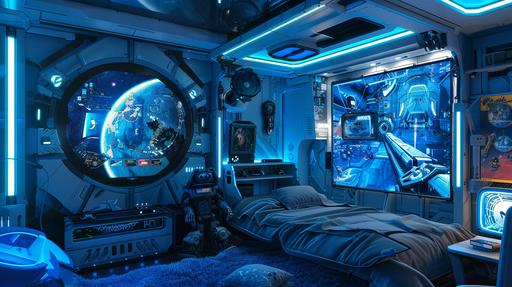 The interior structure of the room is a video game room, which houses a large gaming electronic screen, various gaming equipment, and a bed. The main color is blue, with a children's picture book illustration style --ar 16:9