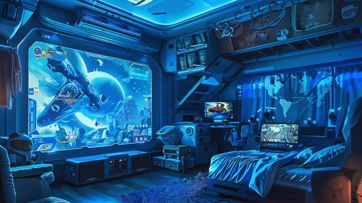 The interior structure of the room is a video game room, which houses a large gaming electronic screen, various gaming equipment, and a bed. The main color is blue, with a children's picture book illustration style --ar 16:9