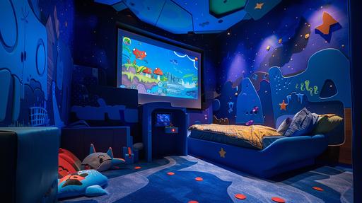The interior structure of the room is a video game room, which houses a large gaming electronic screen, various gaming equipment, and a bed. The main color is blue, with a children's picture book illustration style, quite peculiar and unconventional --ar 16:9