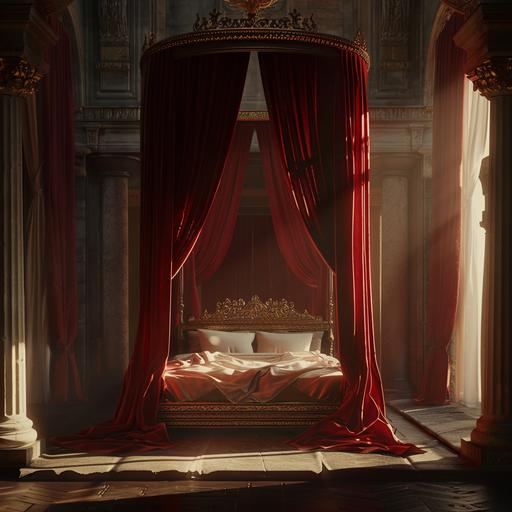The kingdom's ancient four-poster bed, draped in red velvet curtains, welcomes the awakening in the soft sunlight, realistic, cinematic, 4k