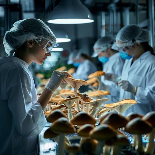 The laboratory, where they conduct research and produce pselocebin mushrooms, is presented to us from different sides. in the frame people from the company detailed photo and realistic on the robes logo called - Psilo Waves